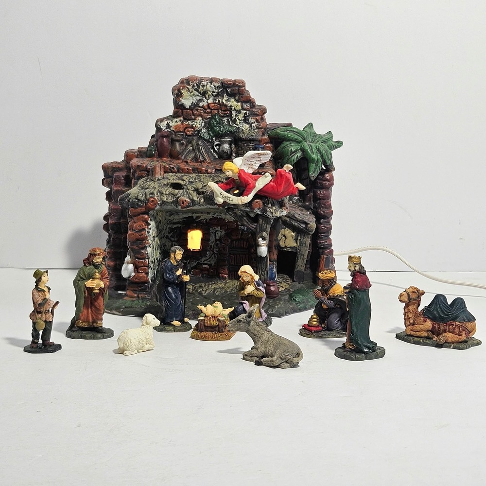 Santas Workbench 12 Piece Light Up Nativity Set Christmas Village Figures Boxed
